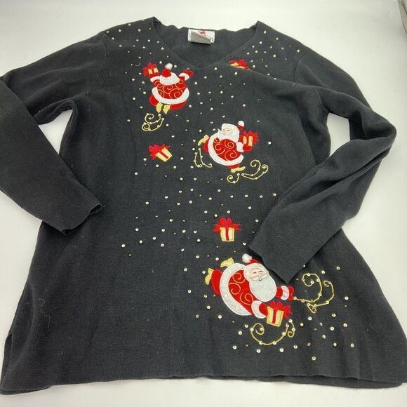 Quacker Factory Black Santa Christmas Sweater Size Medium - Picture 1 of 4